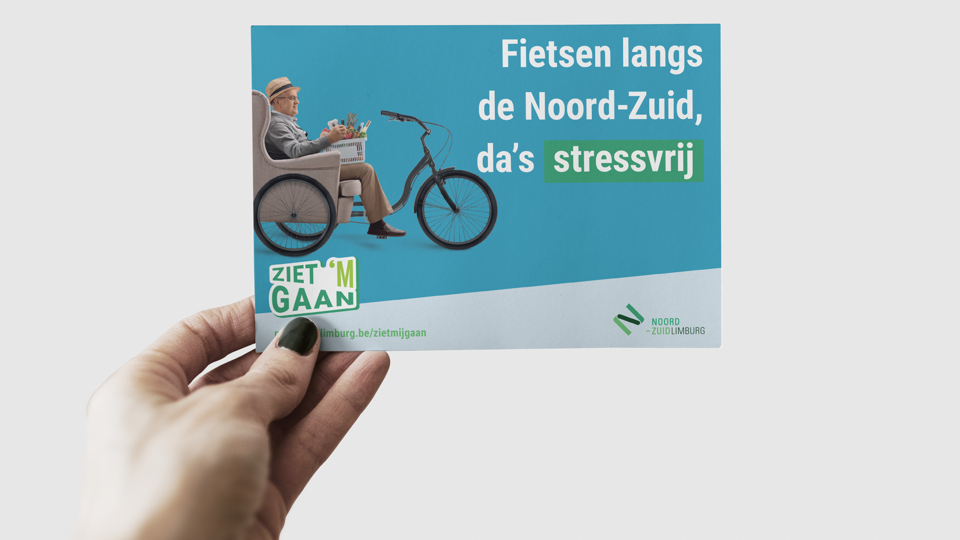 Noord-Zuid Limburg modal shift campagne. A5 flyer. Ziet 'm gaan. Fietsen langs de Noord-Zuid da's stressvrij.